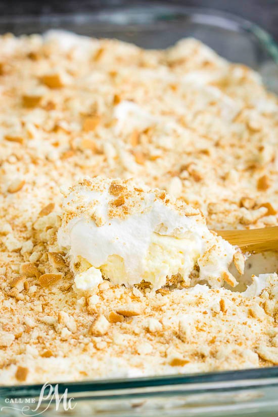 No Bake Banana Pudding Twinkie Cake has an incredible cream cheese pudding filling, lots of bananas, & is served over delicious Twinkie snack cakes! A creamy, no-bake dessert topped with crumbled cookies in a glass dish, with a spoon scooping into the luscious banana pudding Twinkie cake.