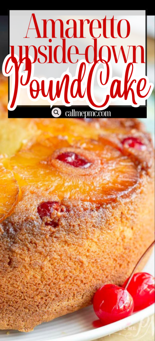 Close-up of an Amaretto Pineapple Upside Down Pound Cake, topped with caramelized pineapple slices and cherries, with two maraschino cherries on the plate.