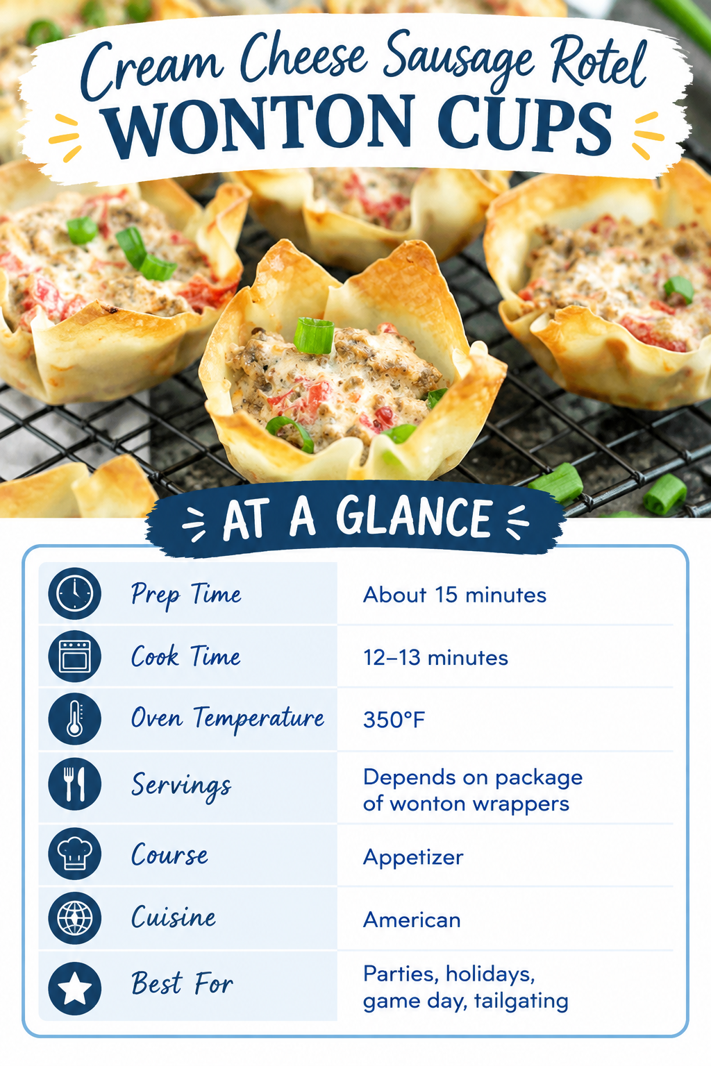 Cream Cheese Sausage Rotel Wonton Cups rest on a cooling rack, topped with fresh green onions. A blue and white chart details prep time, cook time, oven temperature, servings, course, cuisine, and event suggestions for these tasty Cream Cheese Sausage Rotel Wonton Cups.