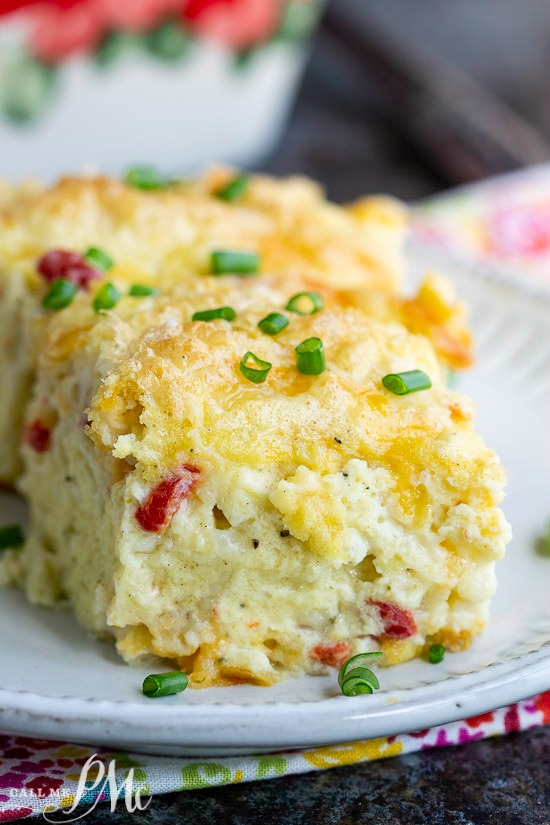 Square slice of Cottage Egg Casserole on a saucer.