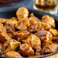 Recipe. Spicy and sweet, Copycat Cajun Cafe Bourbon Chicken Bites are tender chunks of chicken cooked in a bourbon and brown sugar sauce. #appetizer #entree #recipe #chicken