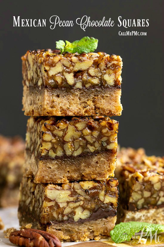Enjoy these Mexican style Pecan Chocolate Squares that are packed with pecans. They're easy to make, easy to transport, and great for year around noshing. #PecanPie #bars #chocolate Mexican pecan chocolate squares are a delectable treat combining the rich flavors of pecans and chocolate into irresistible bite-sized squares.