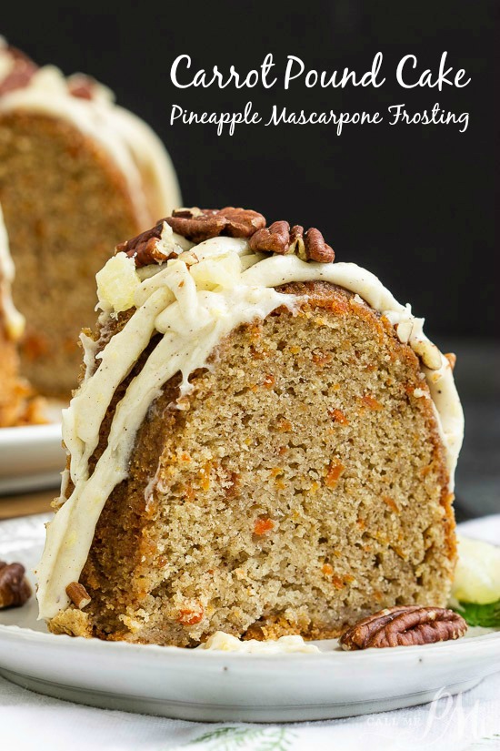 This incredibly tender and moist Blue Ribbon Roasted Carrot Pound Cake with Pineapple Mascarpone Frosting Recipe is the best carrot cake you'll ever make! #cake #poundcake #carrotcake #Eastercake #springcake Carrot Pound Cake