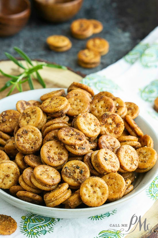 Crunchy, salty, perfectly seasoned, Baked Seasoned Ritz Bits so quick and easy to make. it'll become your new favorite snack! #crackers #snack Crunchy, salty, perfectly seasoned, Baked Seasoned Ritz Bits so quick and easy to make. it'll become your new favorite snack!