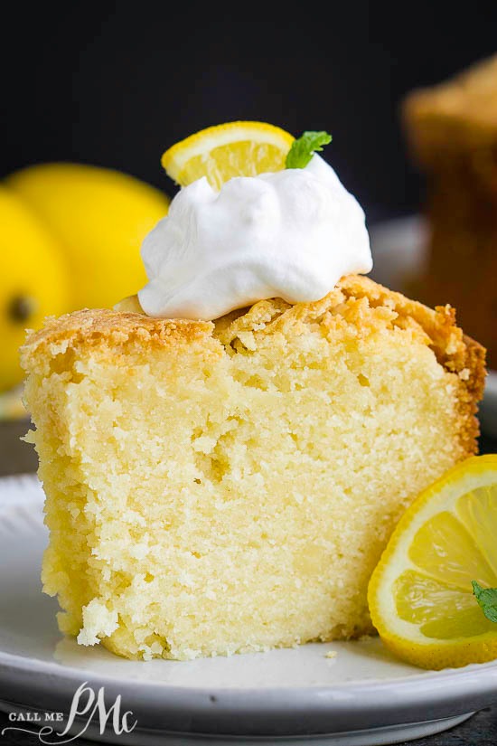 With a bright lemon flavor, Best Triple Lemon Pound Cake Recipe is buttery, tender, dense yet moist. It's a simple, elegant, classic cake. Slice of dessert on a plate.
