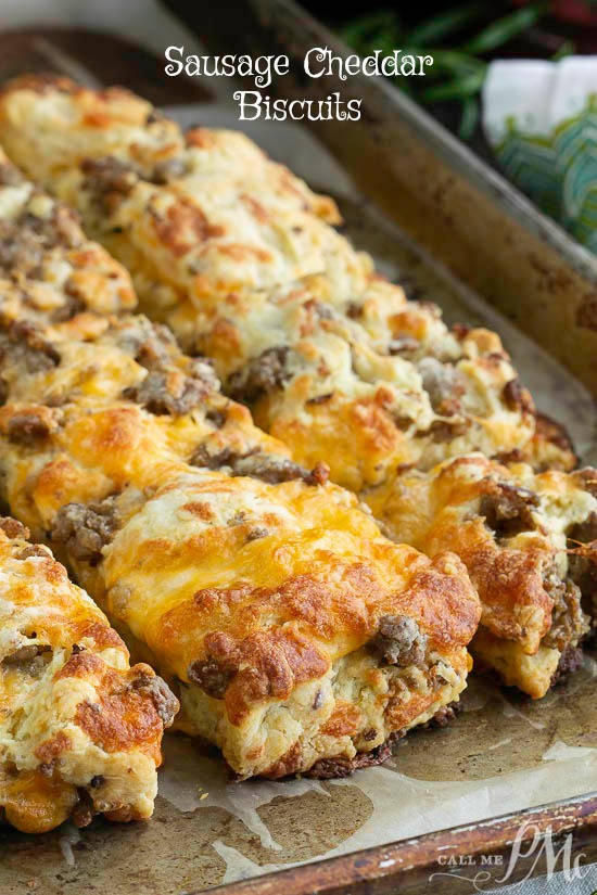 Homemade Sausage Cheddar Biscuits, this portable breakfast has the sausage and cheese baked right in. #recipes #breakfast #sausage #cheese Homemade Sausage Cheddar Biscuits