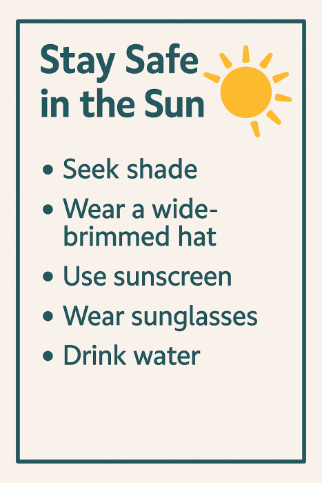 A safety poster with a sun icon lists sun safety tips—plus clever kitchen hacks everyone should know: seek shade, wear a wide-brimmed hat, use sunscreen, sport sunglasses, and stay hydrated by drinking water.