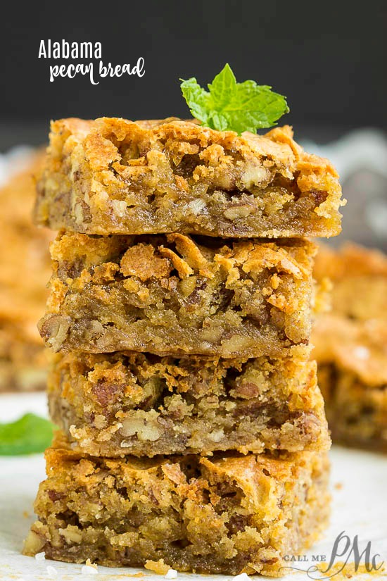 Alabama Pecanbread is perfectly rich, moist, and indulgent! They are dangerously good! stacked squares of sweet Alabama pecan bread.