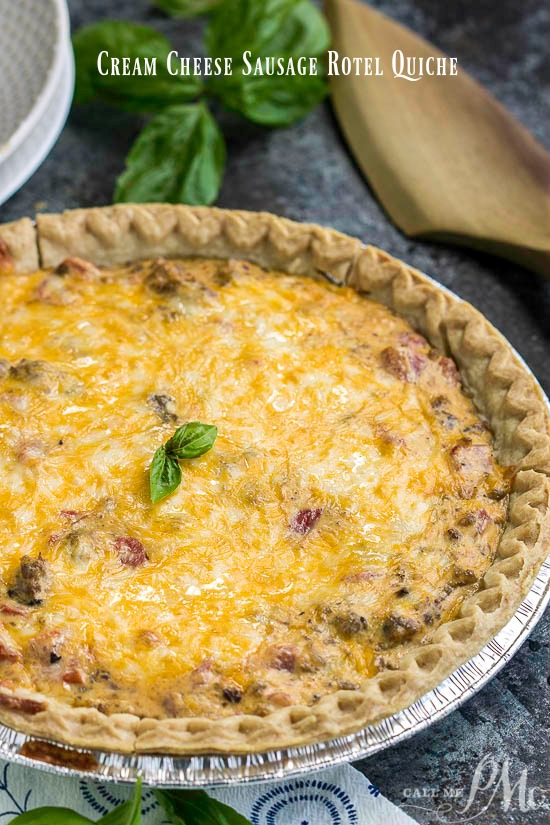Cream Cheese Sausage Rotel Dip Quiche is seriously delicious. All the flavors of our favorite dip in a quiche! Can make ahead and refrigerate or freeze for later. #recipe #eggs #breakfast #baked #sausage #cheese #dip