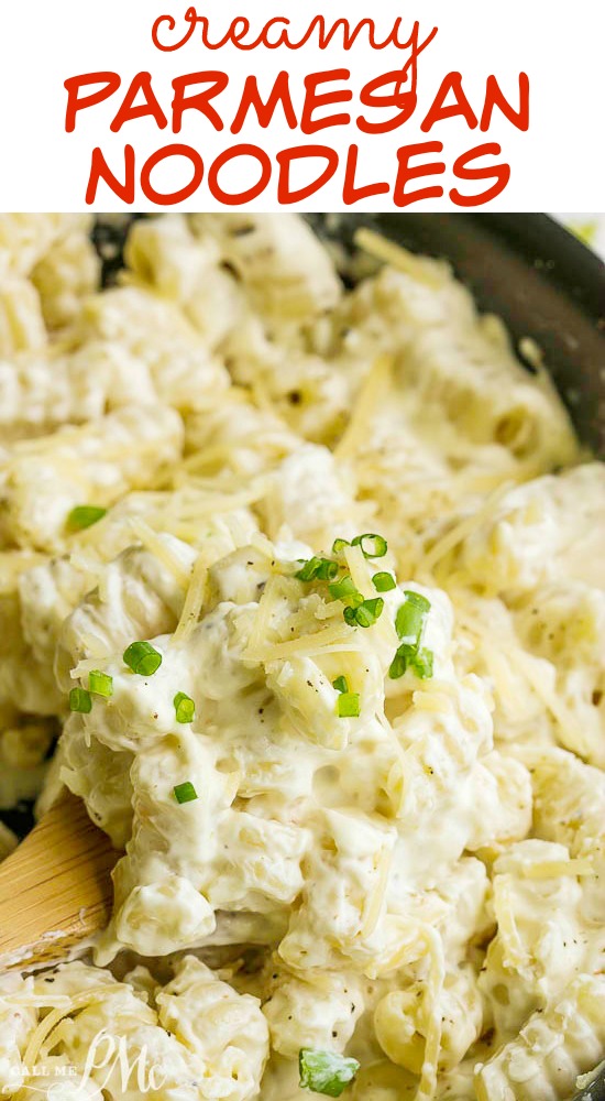 Creamy Parmesan Noodles Recipe, warm and creamy pasta makes the perfect, comfort food side dish that's great any day for any meal. #pasta #noodles #parmesan Creamy Parmesan noodles, close up on a wooden spoon.