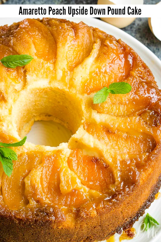 Amaretto Peach Upside Down Pound Cake is bursting with flavor. Two classic cake recipes collide with this perfect end-of-summer dessert.