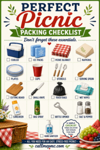 Perfect picnic packing checklist with illustrated items: cooler, ice packs, blanket, napkins, plates, cups, utensils, serving spoon, cutting board, knife, trash bags, wet wipes, sunscreen, bug spray, opener, salt & pepper, and hand sanitizer. Discover everything you need for a successful outing—plus bonus Perfect Picnic Food and Tips for making your outdoor meal truly memorable.