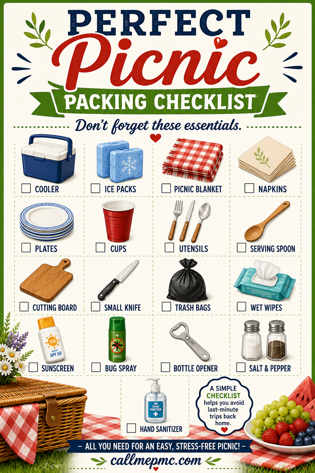 Perfect picnic packing checklist with illustrated items: cooler, ice packs, blanket, napkins, plates, cups, utensils, serving spoon, cutting board, knife, trash bags, wet wipes, sunscreen, bug spray, opener, salt & pepper, and hand sanitizer. Discover everything you need for a successful outing—plus bonus Perfect Picnic Food and Tips for making your outdoor meal truly memorable.