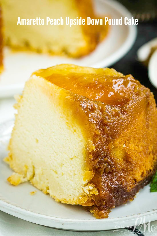 Amaretto Peach Upside Down Pound Cake is bursting with flavor. Two classic cake recipes collide with this perfect dessert. #recipe #peach #poundcake #cake #dessert #poundcakepaula #callmepmc #moist #butter #homemade Amaretto Peach Upside Down Pound Cake is bursting with flavor. Two classic cake recipes collide with this perfect end-of-summer dessert.