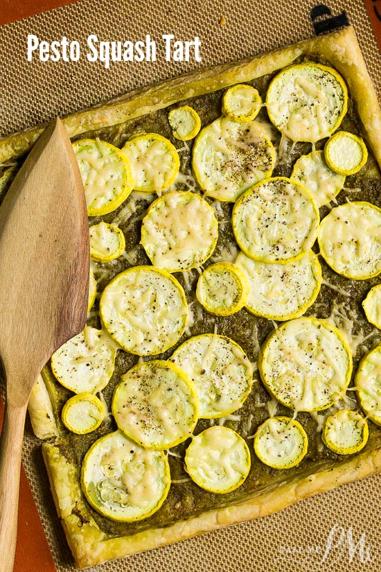 Pesto Squash Tart Recipe, flaky crust and tender summer squash are flavored with pesto, olive oil, and shredded parmesan.