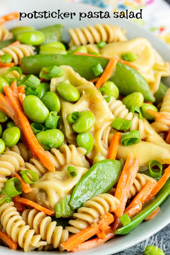 A summer classic with a twist, Potsticker Pasta Salad is loaded with healthy vegetables and topped with toasted sesame dressing. #sesameseed #salad #pasta #pastasalad #potsticker #potstickersalad #edamame #vegetables #healthy #easy #recipes #cold