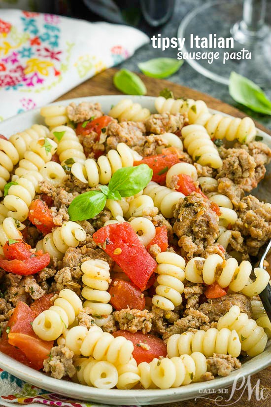 Tipsy Italian Sausage Pasta is incredibly flavorful and an easy recipe for busy nights since it can be on the table in under 30 minutes! #sausage #noodles #wine #pasta #Italian #food #easy #booze #easy #favorite #dinner #meal #mealprep
