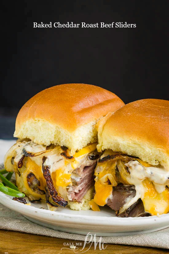 Baked Cheddar Roast Beef Sliders makes delicious weeknight dinner, game day grub, or party appetizer. #sliders #recipe #sandwich #burger #roastbeef #beef #cheese #pattymelt #steak 