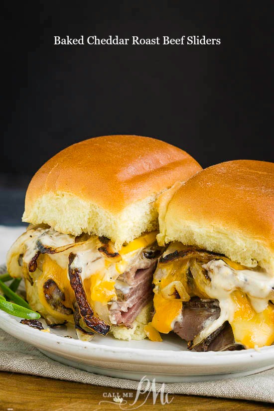 Baked Cheddar Roast Beef Sliders makes delicious weeknight dinner, game day grub, or party appetizer. #sliders #recipe #sandwich #burger #roastbeef #beef #cheese #pattymelt #steak #frenchdip Baked Cheddar Roast Beef Sliders