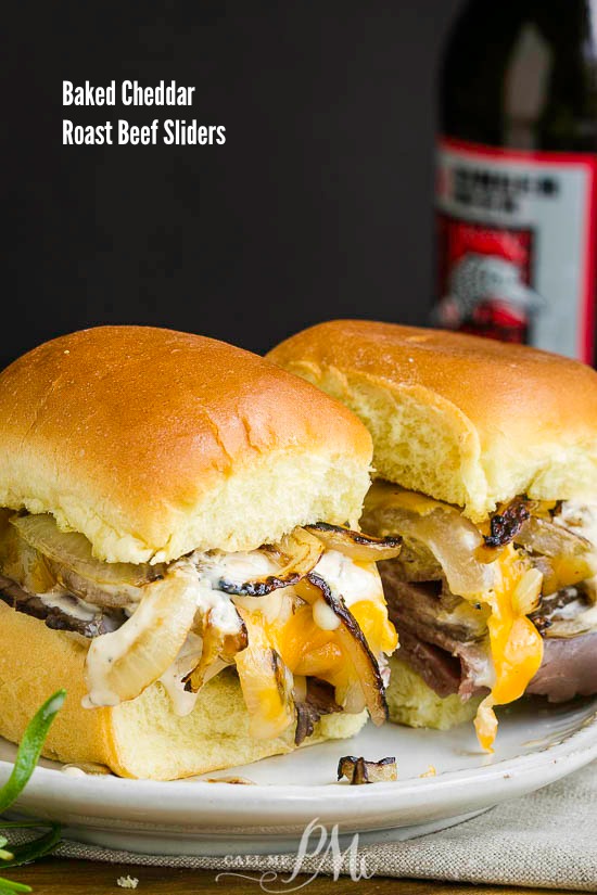 Baked Cheddar Roast Beef Sliders makes delicious weeknight dinner, game day grub, or party appetizer. #sliders #recipe #sandwich #burger #roastbeef #beef #cheese #pattymelt #steak #frenchdip Baked Cheddar Roast Beef Sliders