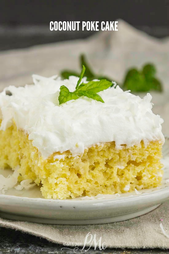 Easy Coconut Poke Cake is out-of-this-world good and oh-so-easy to make! A soft, fluffy cake is filled with two kinds of milk then topped with whipped cream and coconut. #coconut #cake #dessert #recipe #easy #potluck #favorite #frosting #Southern #oldfashioned #cakemix slice of coconut cake