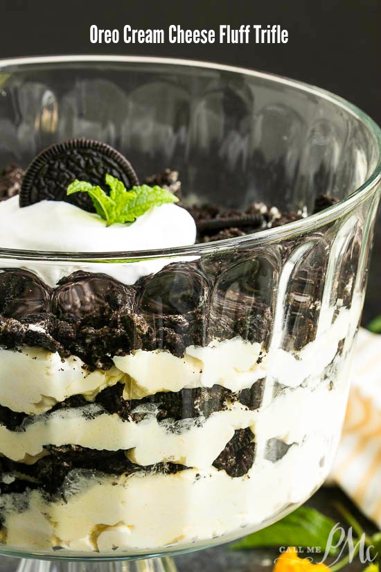 Oreo Cream Cheese Fluff Trifle is a is a sweet, creamy, delicious, no-bake dessert that takes about 10 minutes to make! #Oreodessert #dessert #trifle #Oreofluff #Oreo #nobake #nocook #nocookOreodessert #dirtpudding #OreoCoolWhip Oreo Cream Cheese Fluff Trifle