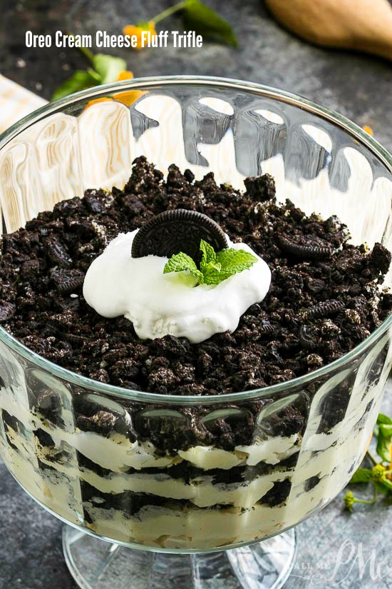 Oreo Cream Cheese Fluff Trifle is a is a sweet, creamy, delicious, no-bake dessert that takes about 10 minutes to make!