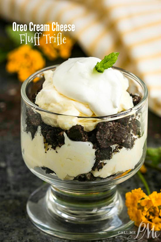 #Oreofluff Oreo Cream Cheese Fluff Trifle s a no-bake dessert that takes about 10 minutes to make! Family favorite. #Oreodessert #dessert #trifle #Oreo #nobake #nocook #nocookOreodessert #dirtpudding #OreoCoolWhip Oreo Cream Cheese Fluff Trifle