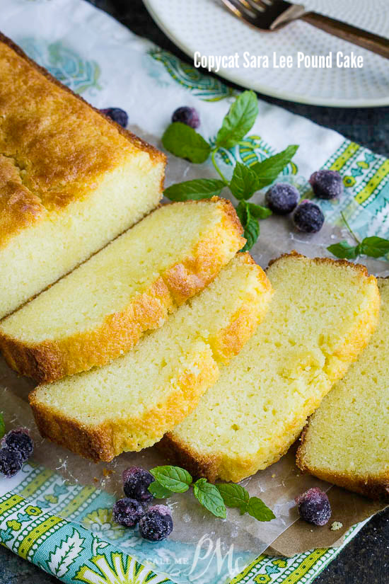 The perfect sweet treat, Copycat Sara Lee Pound Cake Recipe is moist, buttery, has a hint of lemon, and melts in your mouth. #southern #PaulaDeen This recipe makes one loaf. #SaraLee #copycat #poundcake #cake #dessert #recipe #lemon #easy #fromscratch #homemade #poundcakerecipemoist #creamcheese #milliondollar Dessert sliceson a table.