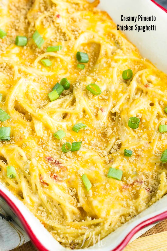 Creamy Pimento Chicken Spaghetti is creamy, saucy, comfort food. This easy casserole recipe will quickly become a family favorite! #casserole #pasta #noodles #spaghetti #chicken #chickenspaghetti #recipe #easy #20minute Creamy Pimento Chicken Spaghetti