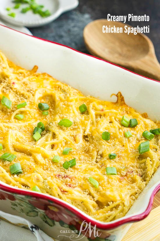 Creamy Pimento Chicken Spaghetti is creamy, saucy, comfort food. This easy casserole recipe will quickly become a family favorite! #casserole #pasta #noodles #spaghetti #chicken #chickenspaghetti #recipe #easy #20minute Creamy Pimento Chicken Spaghetti