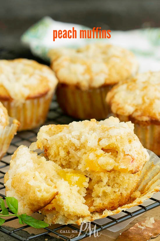 Streusel Topped Peach Cobbler Muffins recipe taste just like peach cobbler. These muffins are fluffy, tender homemade muffins full of sweet peaches and a hint of cinnamon. #muffins #breakfast #peach #streusell #baking #homemade #fromscratch bread