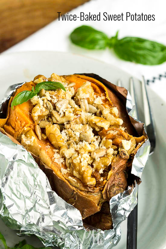 Take your holiday dinners to the next level with my delicious Twice Baked Walnut Streusel Sweet Potatoes. They're piled high with nuts and streusel. #sweetpotatoes #potatoes #sidedish #Thanksgivine #Fall #easy #stuffedpotatoes #twicebaked #easy Stuffed and twice baked sweet potatoes side dish