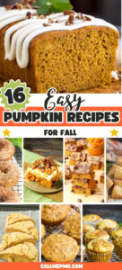 A collage of pumpkin desserts, including cake, muffins, donuts, and bars, with text that reads “16 Easy Pumpkin Recipes for Fall” and “callmepmc.com” at the bottom, highlighting a delicious assortment of easy pumpkin recipes perfect for autumn.