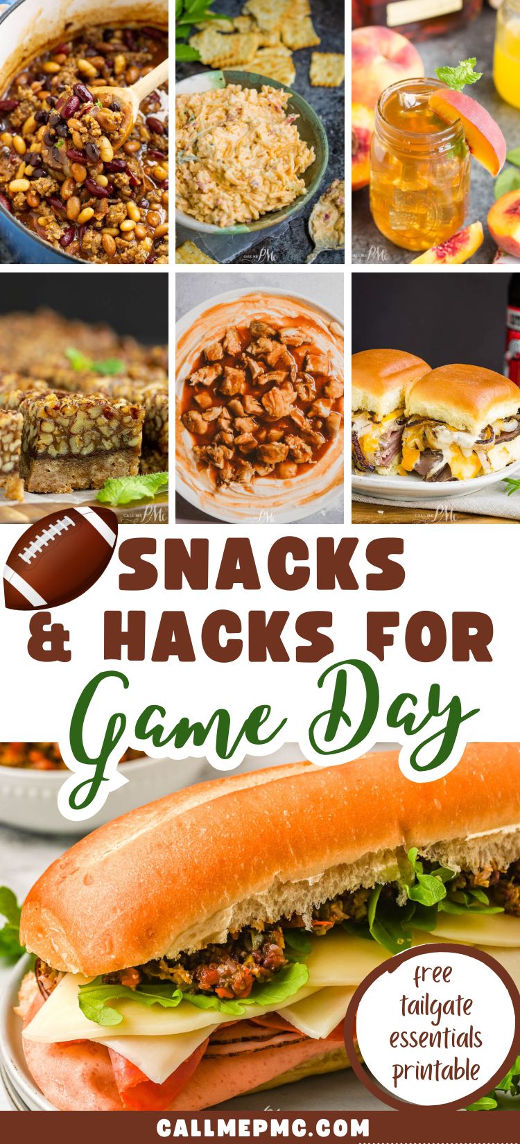 A collage of various game day snacks, including chili, dips, burgers, and sandwiches, with text overlay: “Snacks & Hacks for Game Day” and “free tailgate essentials printable.” Explore tasty tailgating hacks and recipes that make prepping your crowd-pleasing favorites easy and fun.