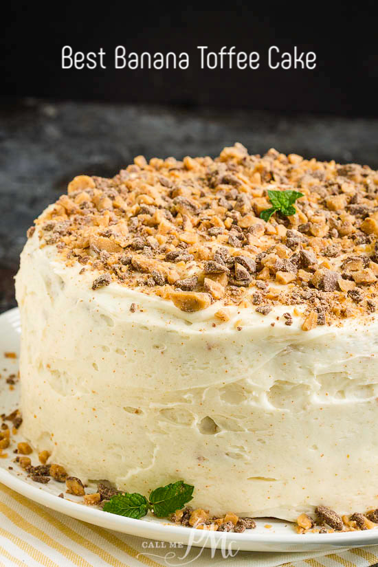 Best Toffee Banana Layer Cake is the best banana cake recipe EVER! It’s moist and sweet and topped with a nutty, rich brown butter frosting! #banana #cake #dessert #toffee #brownbutter #layercake #Fallcake Toffee Banana Cake