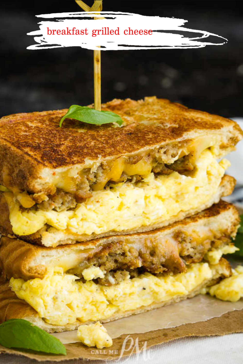 A savory, indulgent sandwich, Breakfast Grilled Cheese Recipe with soft scrambled eggs and sausage, will have you looking forward to breakfast. #breakfast #eggs #scrambledeggs #sauasage #grilledcheese #recipe