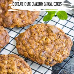 These Chocolate Chunk Cranberry Oatmeal Cookies are classic, old-fashioned style with soft, chewy centers, crisp edges, and warm spice flavor. #cookies #cookie #recipe #baked #fromscratch #homemade #oatmeal #oats #cranberries #easy #chocolatechips #chocolate