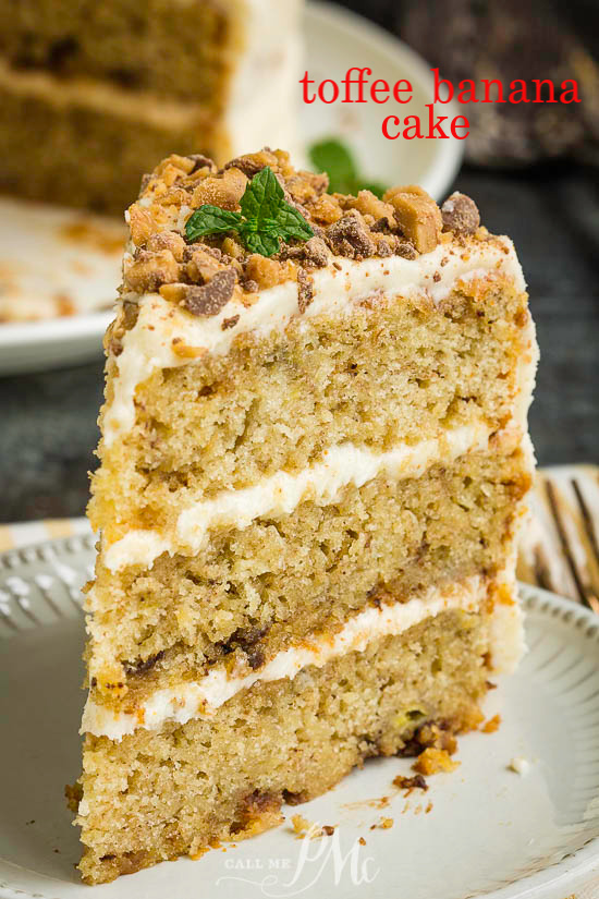 Best Toffee Banana Layer Cake is the best banana cake recipe EVER! It’s moist and sweet and topped with a nutty, rich brown butter frosting! #banana #cake #dessert #toffee #brownbutter #layercake #Fallcake banana cake