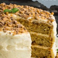 Best Toffee Banana Layer Cake is the best banana cake recipe EVER! It’s moist and sweet and topped with a nutty, rich brown butter frosting! #banana #cake #dessert #toffee #brownbutter #layercake #Fallcake