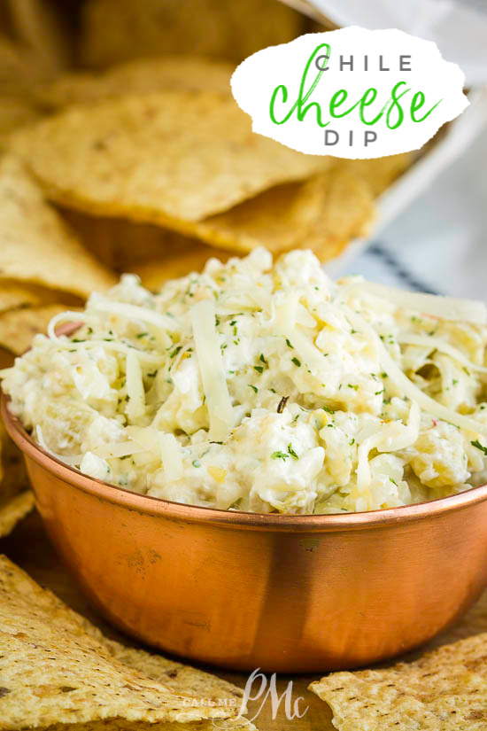 Quick Chile Cheese Dip is the ultimate party dip recipe. It has all the cheesy goodness a dip should have plus it's quick and easy to make. #appetizer #dip #recipe #cheese #chile #greenchiles #easy White food in a small copper bowl.