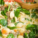 Creamy Italian Sausage Soup Recipe is cozy and comforting! A simple and deliciously warming winter soup recipe. #soup #sausage #Itailan #spinach #recipe #easy #carrots #vegetables