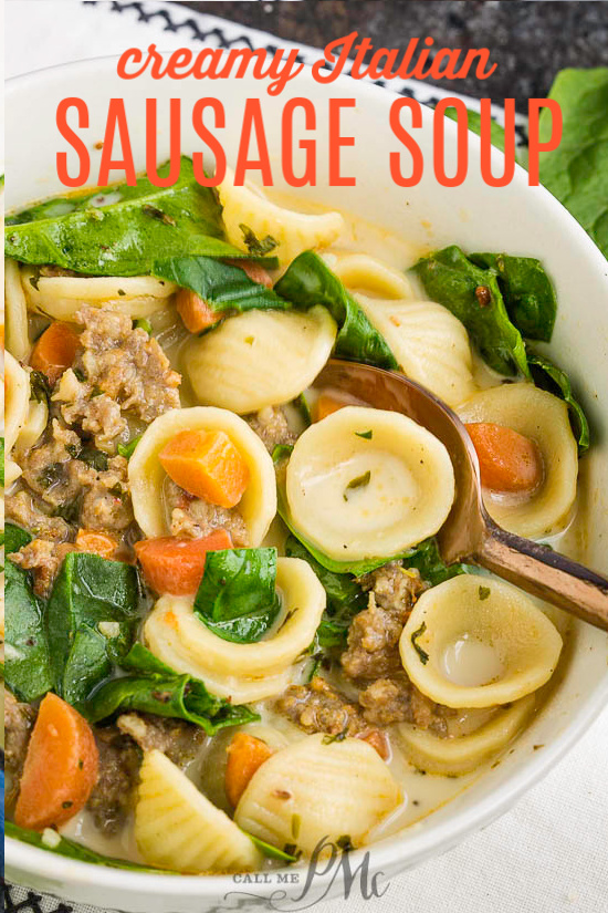 Creamy Italian Sausage Soup Recipe is cozy and comforting! A simple and deliciously warming winter soup recipe. #soup #sausage #Itailan #spinach #recipe #easy #carrots #vegetables 