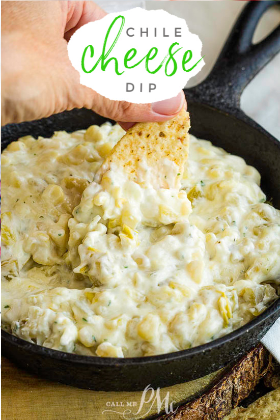 Quick Chile Cheese Dip is the ultimate party dip recipe. It has all the cheesy goodness a dip should have plus it's quick and easy to make. #appetizer #dip #recipe #cheese #chile #greenchiles #easy White food with a hand and chip in a black skillet.