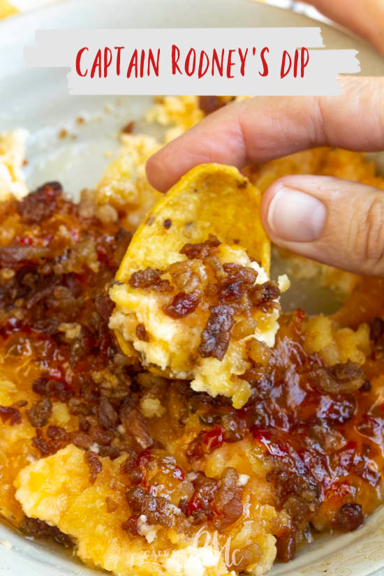Captain Rodney's Dip is the ultimate party food. This outrageously good dip recipe is what every party, tailgate, and cookout needs! #dip #appetizer #creamcheese #CaptainRodneys #bacon #tailgating #watchparty #easy