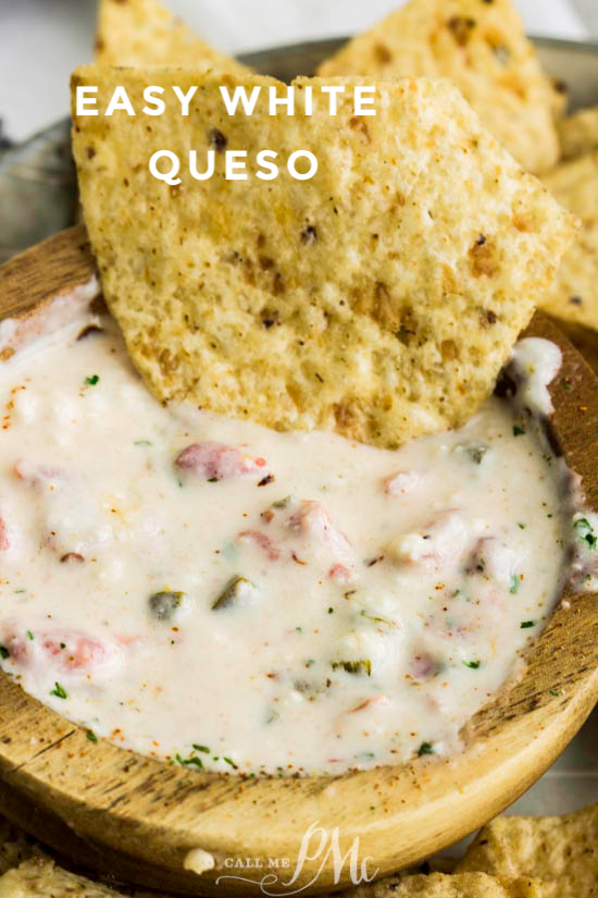 This Easy White Queso Dip recipe is made with three kinds of cheese. It's spicy, creamy, and will become a new family favorite! Be prepared for it to disappear fast! #dip #cheese #cheesedip #recipe #spicy #TexMex #jalapenos #tailgating #gamewatching #parties