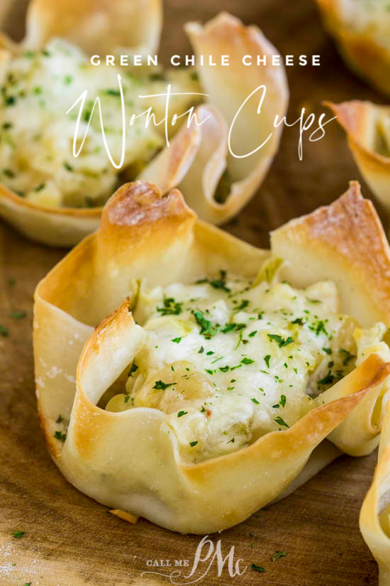 Green Chile Cheese Wonton Cups are an easy appetizer made with a muffin tin, wonton wrappers, and delicious green chile dip! #dip #greenchile #wontons #wontoncups #appetizer #recipe #corn #cheese #easy