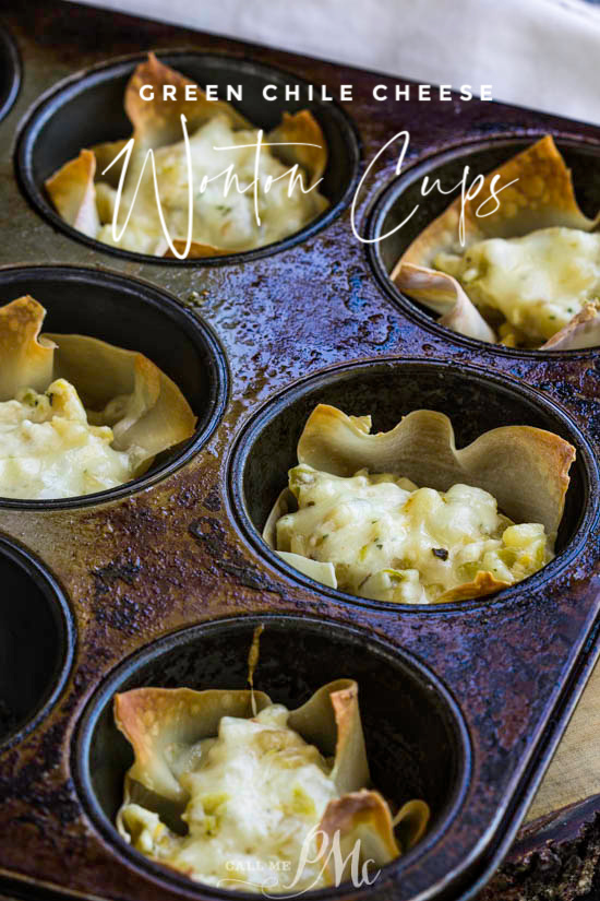 Green Chile Cheese Wonton Cups are an easy appetizer made with a muffin tin, wonton wrappers, and delicious green chile dip! #dip #greenchile #wontons #wontoncups #appetizer #recipe #corn #cheese #easy