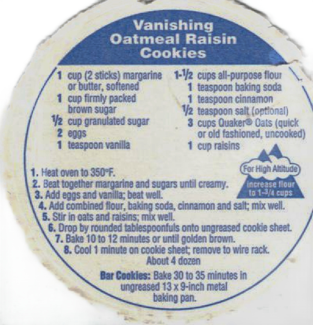 A label for Original Quaker Oatmeal Raisin Cookie Recipe.