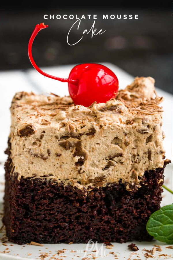 Chocolate Mousse Cake Recipe has a rich chocolate cake topped with a simple to make chocolate mousse that's light and fluffy tops this sheet cake. #cake #chocolate #homemade #fromscratch #easy #mousse #ganache #best #dark #layered